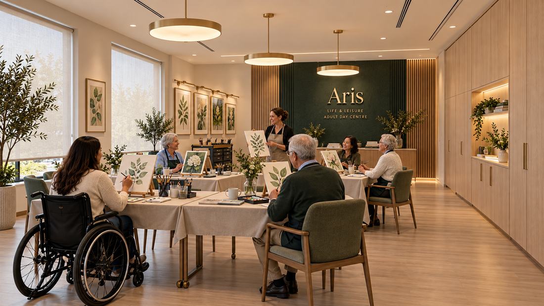 Older adults paint botanical studies at linen-covered tables while an instructor holds up a leaf painting.