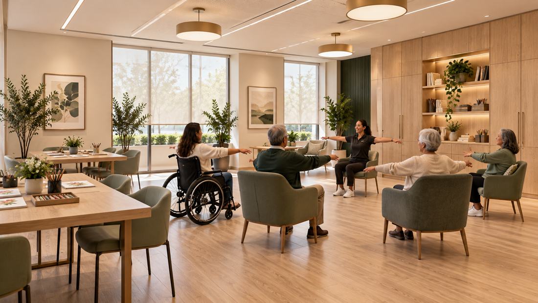 An instructor leads a seated arm exercise for older adults in a sunlit room with art tables and oak shelving.